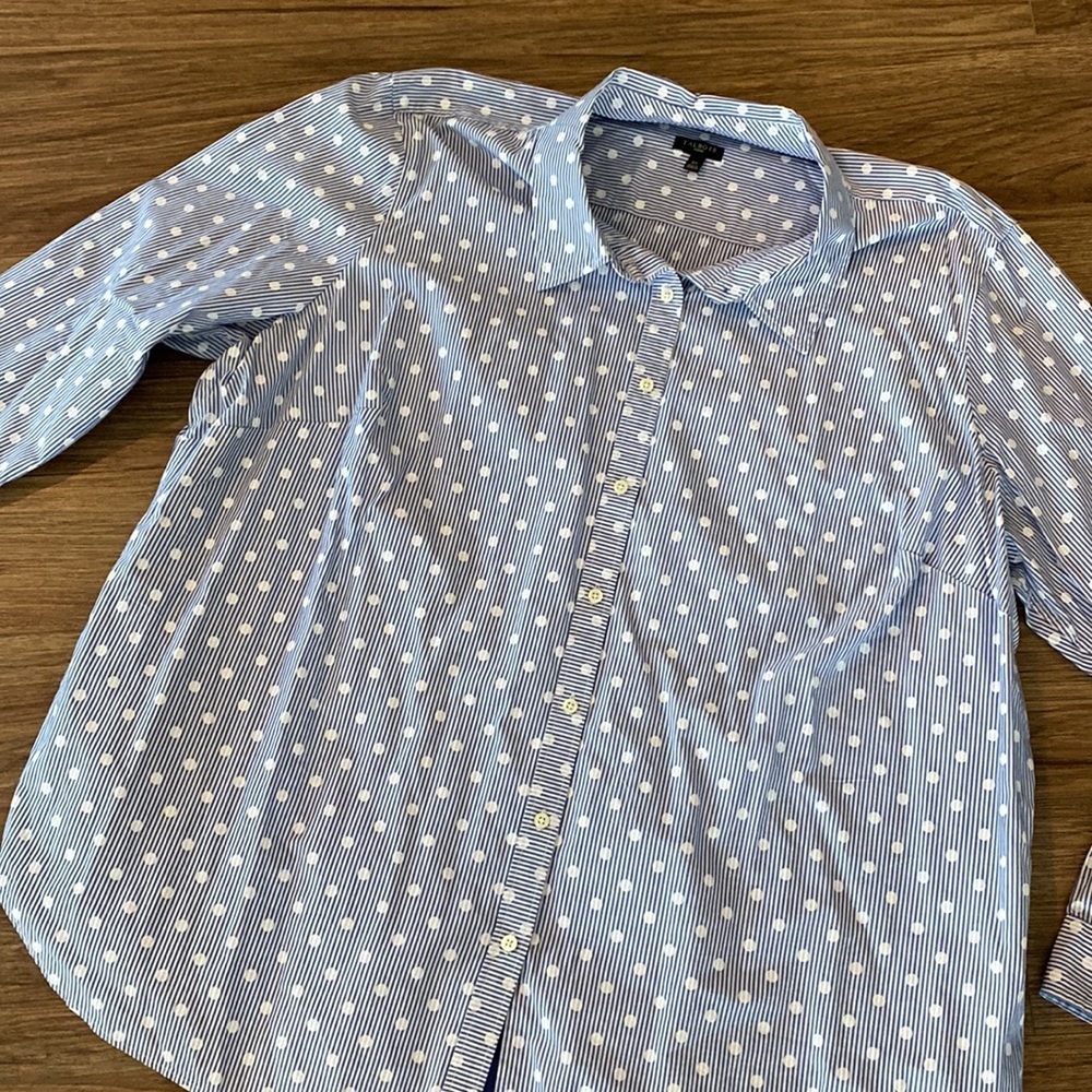 Talbots plus size blue & while stipe w white polka dot button up collar shirt 3X